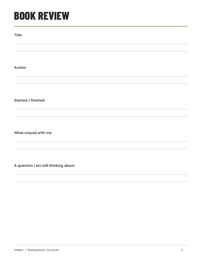 Actual interior page from Reading Notes Journal Kit