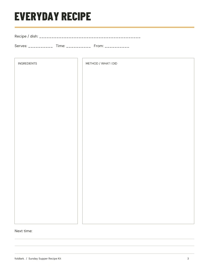 Actual interior page from Sunday Supper Recipe Kit